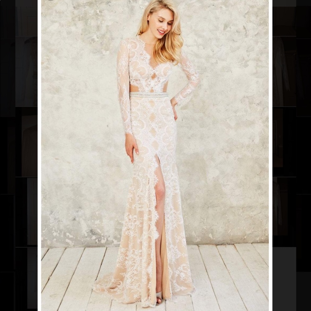 Nude and White Lace Two-Piece Prom Gown with Long Sleeves